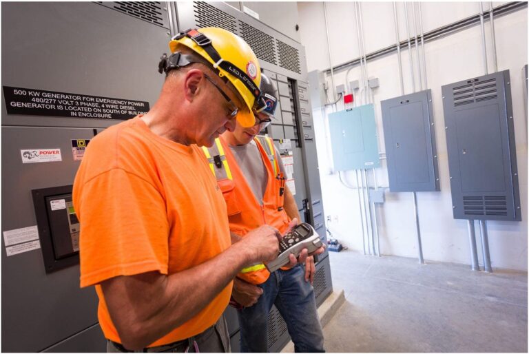 Two workers in safety gear, including hard hats and high-visibility clothing, inspect a device in a control room with electrical panels and a generator. An experienced electrician in Vancouver, WA oversees the detailed inspection to ensure everything operates smoothly.