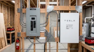 Electrical panel and Tesla Powerwall on wooden studs in unfinished Vancouver, WA room, with conduit, wiring, and extinguisher.
