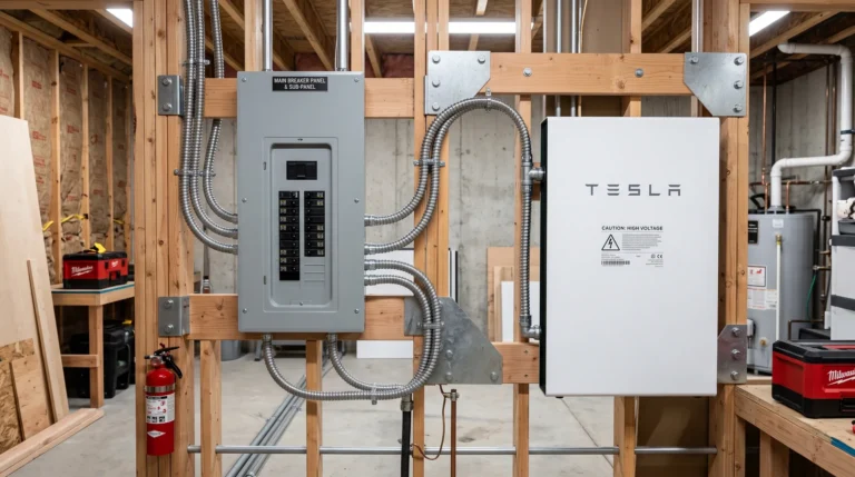 Electrical panel and Tesla Powerwall on wooden studs in unfinished Vancouver, WA room, with conduit, wiring, and extinguisher.