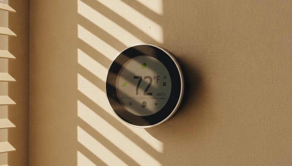 A modern round thermostat, set to 72°F in auto mode, is mounted on a beige wall in Vancouver, WA. Sunlight filters through window blinds and falls across the thermostat, highlighting the importance of electrician services for efficient summer energy management and electrical cost savings.