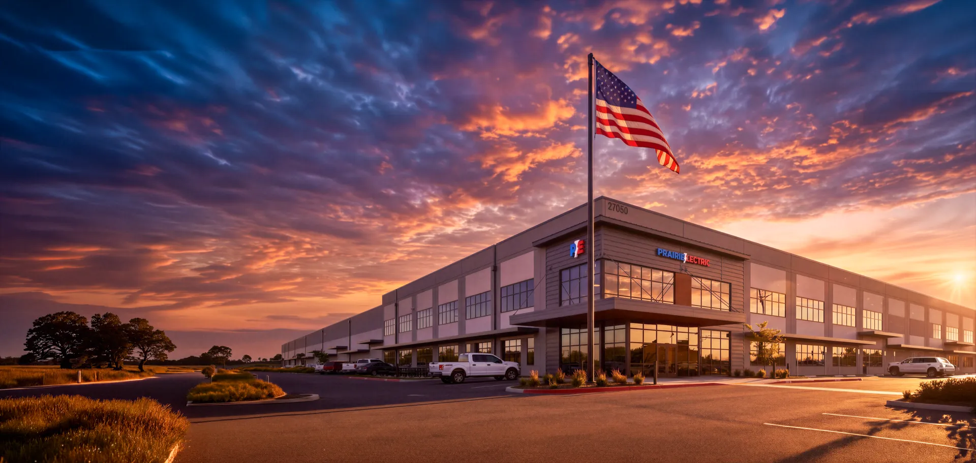 American flag in front of a modern warehouse at sunset, with service vehicles parked outside—Vancouver, WA electrician office.