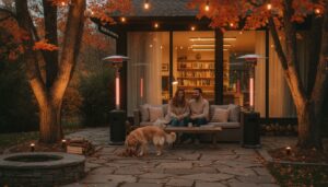 In Vancouver, WA, a couple sits on an outdoor sofa beneath professionally installed string lights on a stone patio, highlighting recent electrical upgrades. Patio heaters are positioned on each side for warmth, and a golden retriever walks nearby. The background shows a house with large windows and bookshelves.