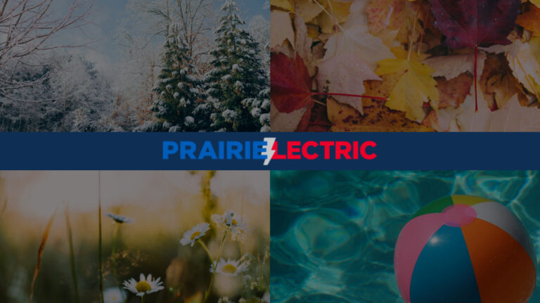 Four seasonal images: snowy trees, autumn leaves, daisies in sunlight, and a beach ball in water, with "Prairie Electric" text overlay.