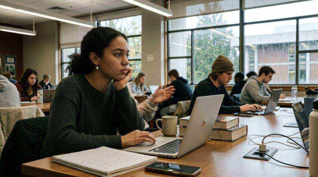 Students work in a bright Vancouver, WA library with upgraded lighting from recent electrician services improving study conditions.