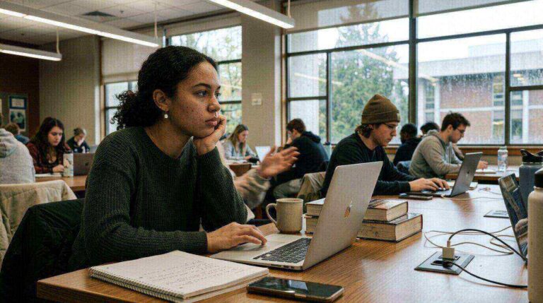 Students work in a bright Vancouver, WA library with upgraded lighting from recent electrician services improving study conditions.