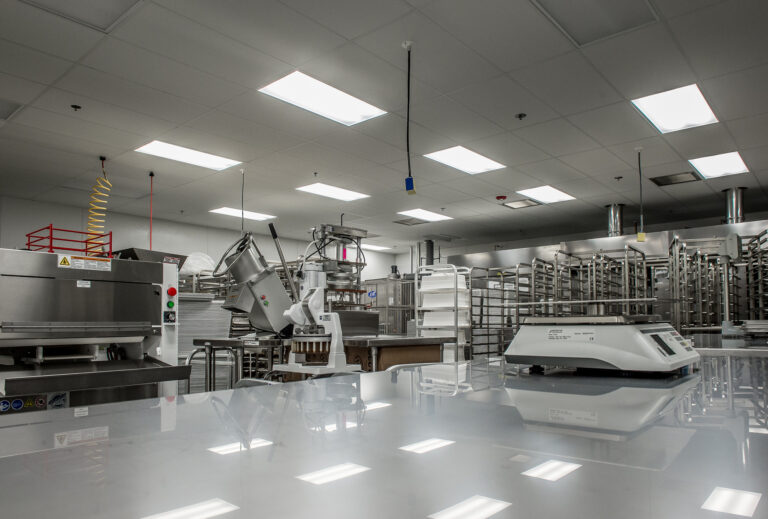 An industrial kitchen in Bellingham, WA, features stainless steel equipment, racks, and preparation tables. Overhead lights brighten the space for efficient operations. For electrical maintenance and installation services, consider hiring a professional electrician to ensure optimal lighting and power supply.
