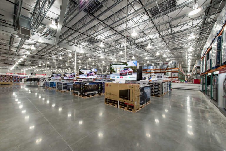 In the spacious Costco Warehouse in Bellingham, WA, industrial lighting efficiently illuminates the high ceilings and polished concrete floors. If you need expert electrician services for similar commercial spaces in Vancouver, WA, our team is ready to assist with all your electrical needs.