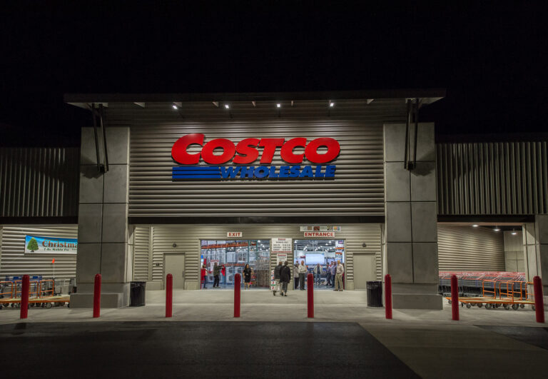 The exterior of the Costco Warehouse is brightly lit at night in Bellingham, WA. For electrical services like this in Vancouver, WA, rely on expert electricians to ensure consistent and efficient lighting solutions.