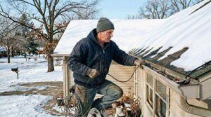 Electrician in winter gear installs gutter heat tape on a snowy house roof in Vancouver, WA; snow covers yard and trees.
