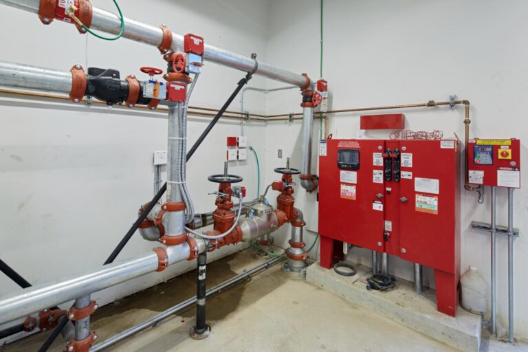 A room containing a sprinkler control system with various pipes, valves, and a red control panel mounted on the wall. The setup includes gauges and safety notifications.