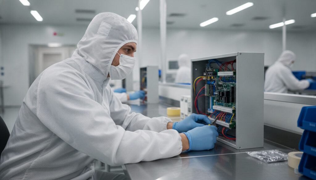 An electrician in a cleanroom suit, mask, and gloves works on wiring and circuit boards inside an open metal device, likely part of control panels, on a stainless steel table in a laboratory setting in Vancouver, WA.