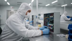 An electrician in a cleanroom suit, mask, and gloves works on wiring and circuit boards inside an open metal device, likely part of control panels, on a stainless steel table in a laboratory setting in Vancouver, WA.