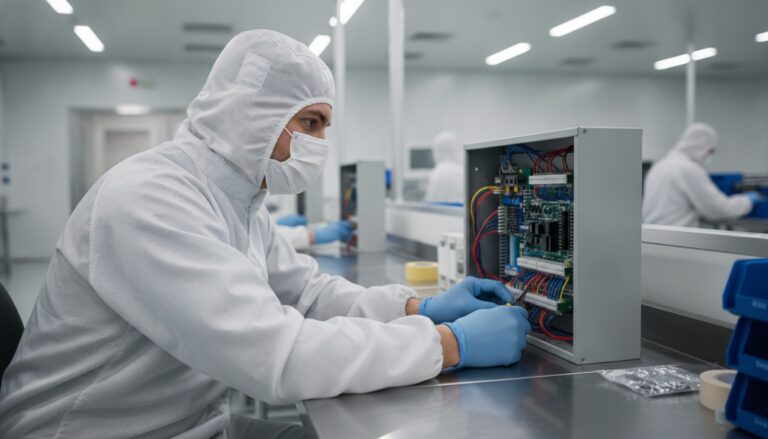 An electrician in a cleanroom suit, mask, and gloves works on wiring and circuit boards inside an open metal device, likely part of control panels, on a stainless steel table in a laboratory setting in Vancouver, WA.