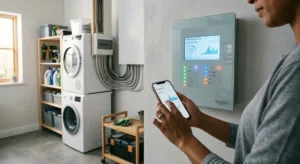 In Vancouver, WA, a person uses a smartphone app to monitor a smart electrical panel near stacked laundry machines and shelves.