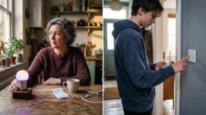 In Vancouver, WA, a woman reviews a smart bulb while a boy uses smart lighting—showcasing modern electrician services at home.