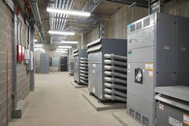 A room with industrial ventilation units and ductwork, concrete walls, and ceiling-mounted fluorescent lights.