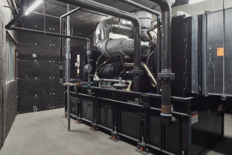 Industrial machinery with pipes and ducts in a dimly lit concrete room, featuring a large black unit with various metal components.