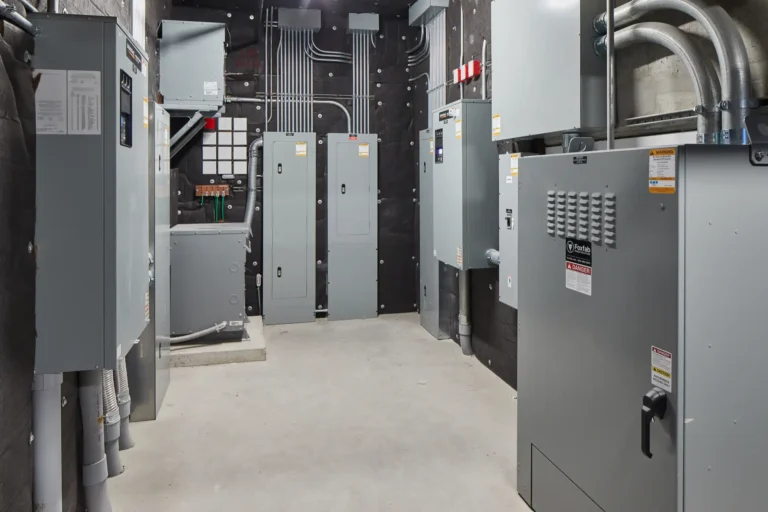 Electrical room with multiple grey panels and equipment mounted on walls and floor. Wiring is visible on the ceiling and walls, with warning labels on some panels.