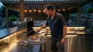 A man grills on a stainless steel barbecue under pergola string lights in Vancouver, WA, highlighting safe outdoor electrical setup.