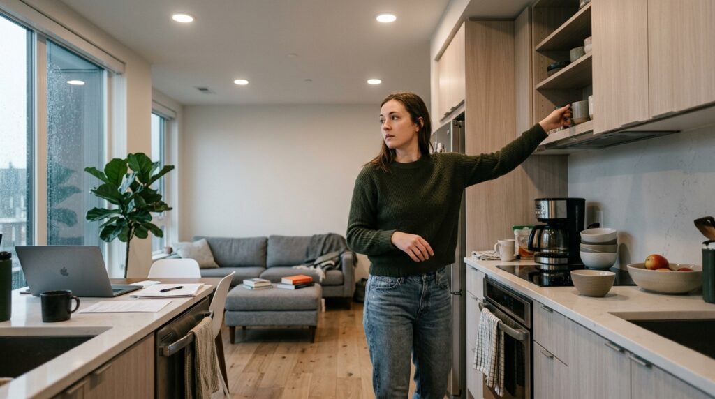 A woman in a modern Vancouver, WA kitchen stands under bright LED recessed lighting, showcasing electrician-installed fixtures.