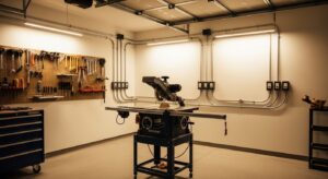 Garage workshop in Vancouver, WA with visible electrical conduit, multiple power outlets, and organized hand tools on pegboard.