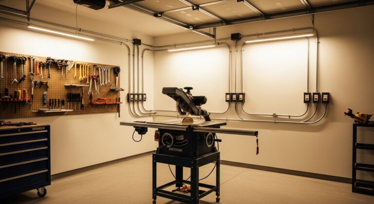 Garage workshop in Vancouver, WA with visible electrical conduit, multiple power outlets, and organized hand tools on pegboard.