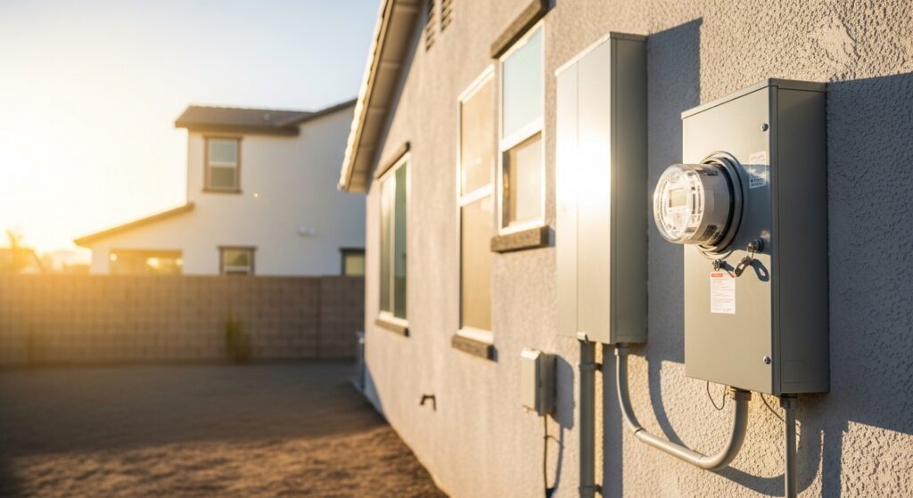 Electric meter and utility box on a home's exterior in Vancouver, WA, shown in sunlight; nearby house and cinder block fence also visible.
