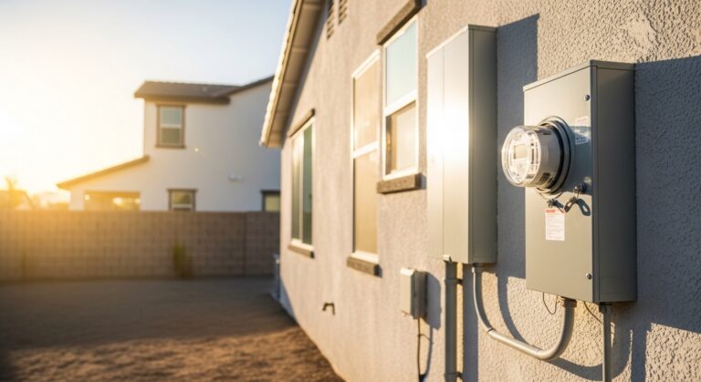 Electric meter and utility box on a home's exterior in Vancouver, WA, shown in sunlight; nearby house and cinder block fence also visible.
