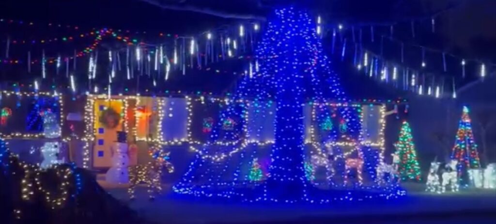 Multicolored Christmas lights, blue cone tree, reindeer and icicles on a Vancouver, WA home—professional installation available.