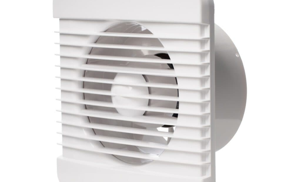 An immaculate white bathroom exhaust fan, set against a pristine white background, is ideal for residential electrical installations by local electricians in Vancouver, WA.