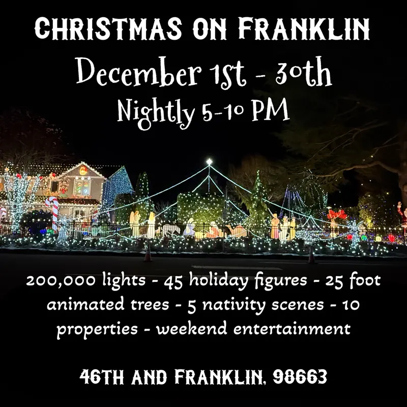 Christmas lights illuminate a Vancouver, WA home; event info suggests electrician services for safe, festive displays.