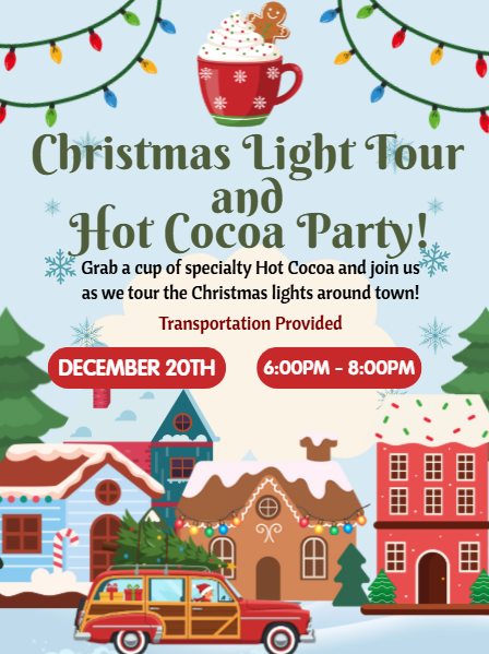 Illustrated flyer for Christmas Light Tour, Hot Cocoa Party, and electrician services in Vancouver, WA, Dec 20, 6–8 PM.