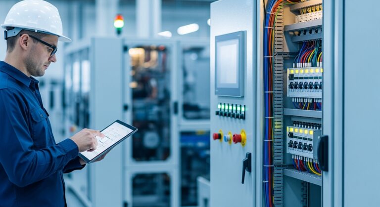 Electrician in Vancouver, WA wearing a hard hat inspects an open electrical panel with wires and switches using a tablet.