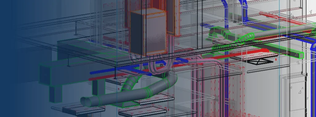 A technical 3D architectural rendering showcases a network of various colored pipes and ducts in a building structure, with careful attention to the electrical systems, meticulously designed by an experienced electrician in Vancouver, WA.