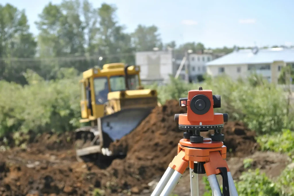 A surveyor's tripod with equipment is in the foreground, while a blurred electrician works on a nearby electrical panel against a backdrop of trees and buildings.