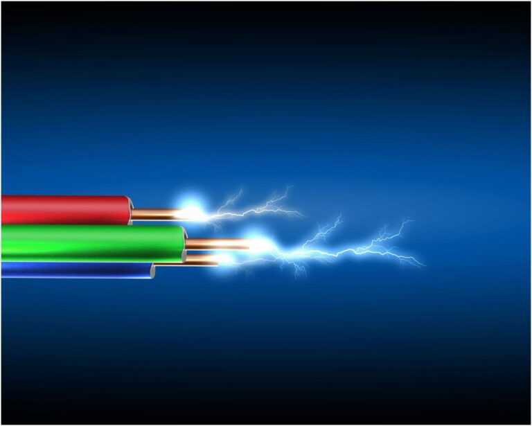 Three colored wires (red, green, and blue) with exposed copper ends emitting electrical sparks on a dark blue background, reminiscent of the skilled work of an electrician in Vancouver WA.
