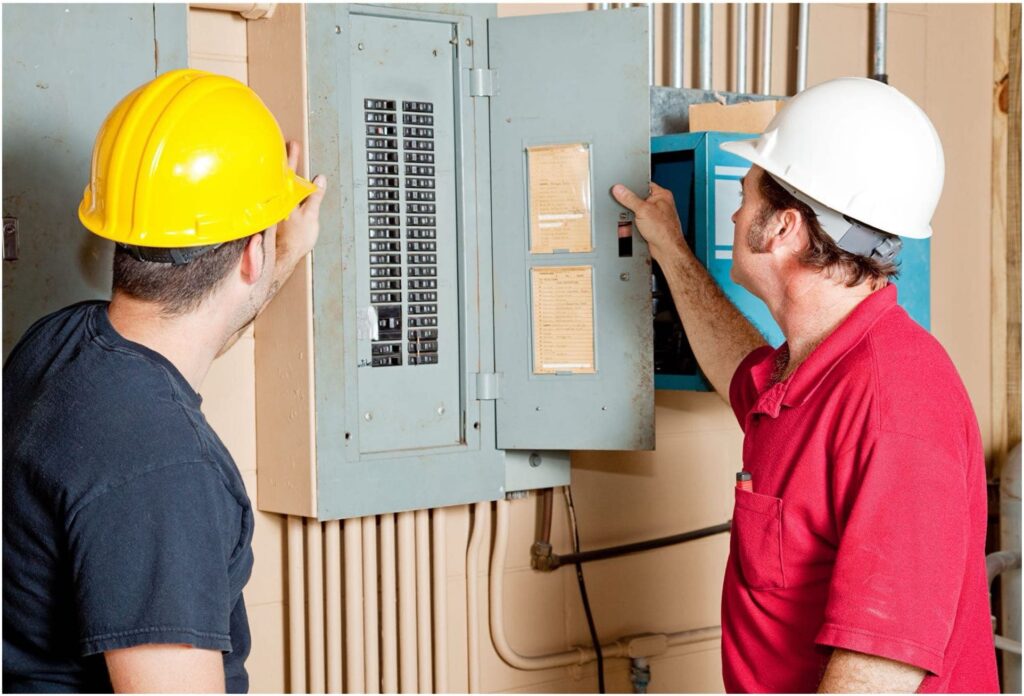 Two workers, wearing hard hats, inspect an open electrical panel. One wears a yellow hat and black shirt, while the other has a white hat and red shirt. The electricians in Vancouver WA ensure every detail is checked thoroughly for safety and efficiency.