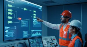 Electricians in Vancouver, WA, wearing helmets and vests review electrical system data on a large control room screen.