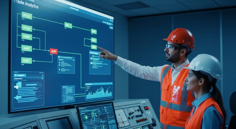 Electricians in Vancouver, WA, wearing helmets and vests review electrical system data on a large control room screen.