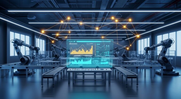 Robotic arms in a Vancouver, WA factory operate near a data screen; yellow lines above highlight advanced electrical connectivity.