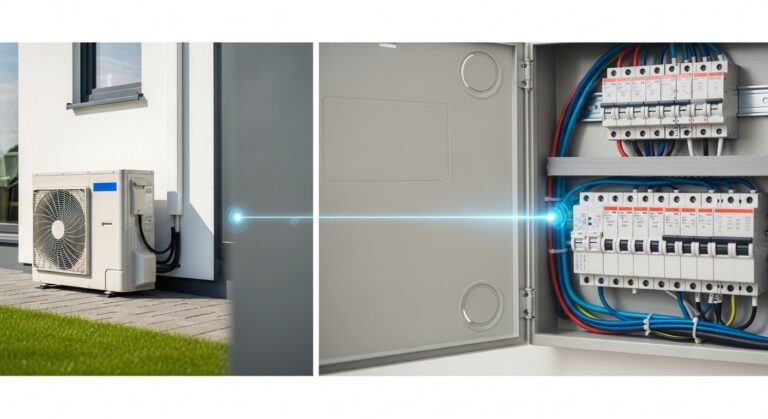 Split image of AC unit and electrical breaker panel with wiring, highlighting electrician services in Vancouver, WA. Blue light connects both.