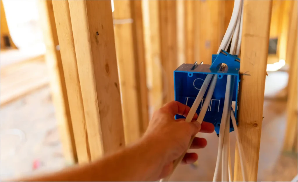 A person's hand is installing electrical wires into a blue junction box inside a wooden framed structure, showcasing the meticulous work of a skilled electrician in Vancouver, WA.