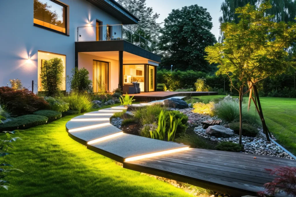 A modern house with large windows, illuminated at dusk by carefully designed lighting. A curved pathway with embedded lights leads through a landscaped garden with various plants and trees. Thanks to an expert Vancouver electrician, the wooden deck's subtle lighting blends seamlessly into the serene environment.