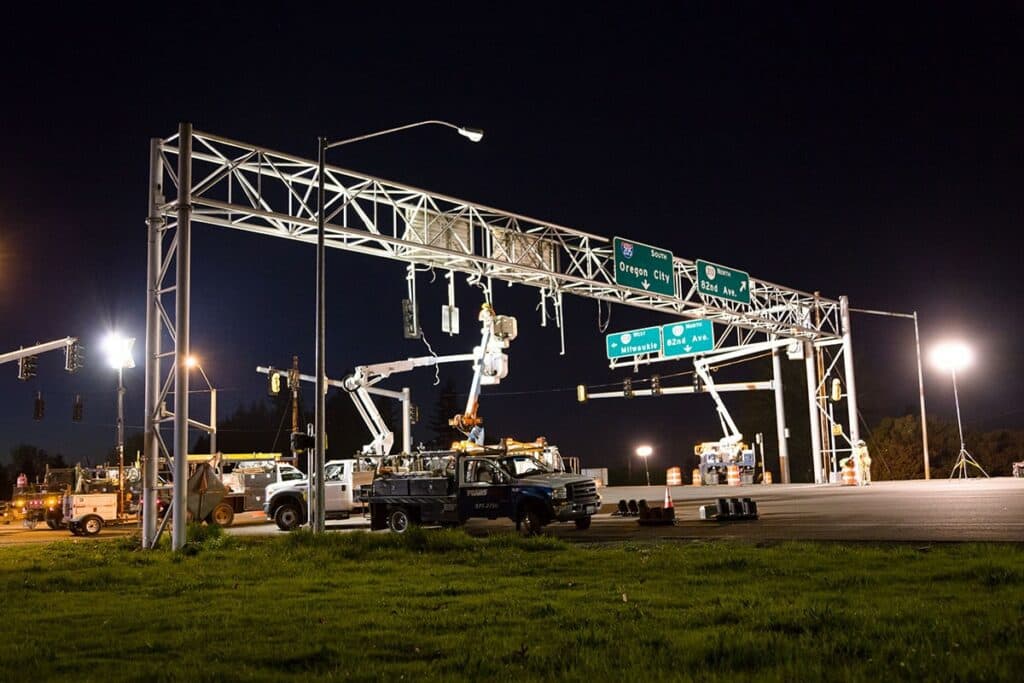 A team of local electricians in Vancouver, WA is diligently working on the highway lighting systems overnight.