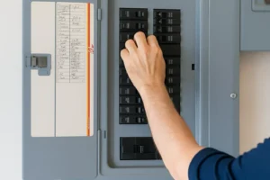 An electrician adjusts a switch on a gray electrical breaker panel in Vancouver, WA, referencing the circuit labels listed inside the panel door.