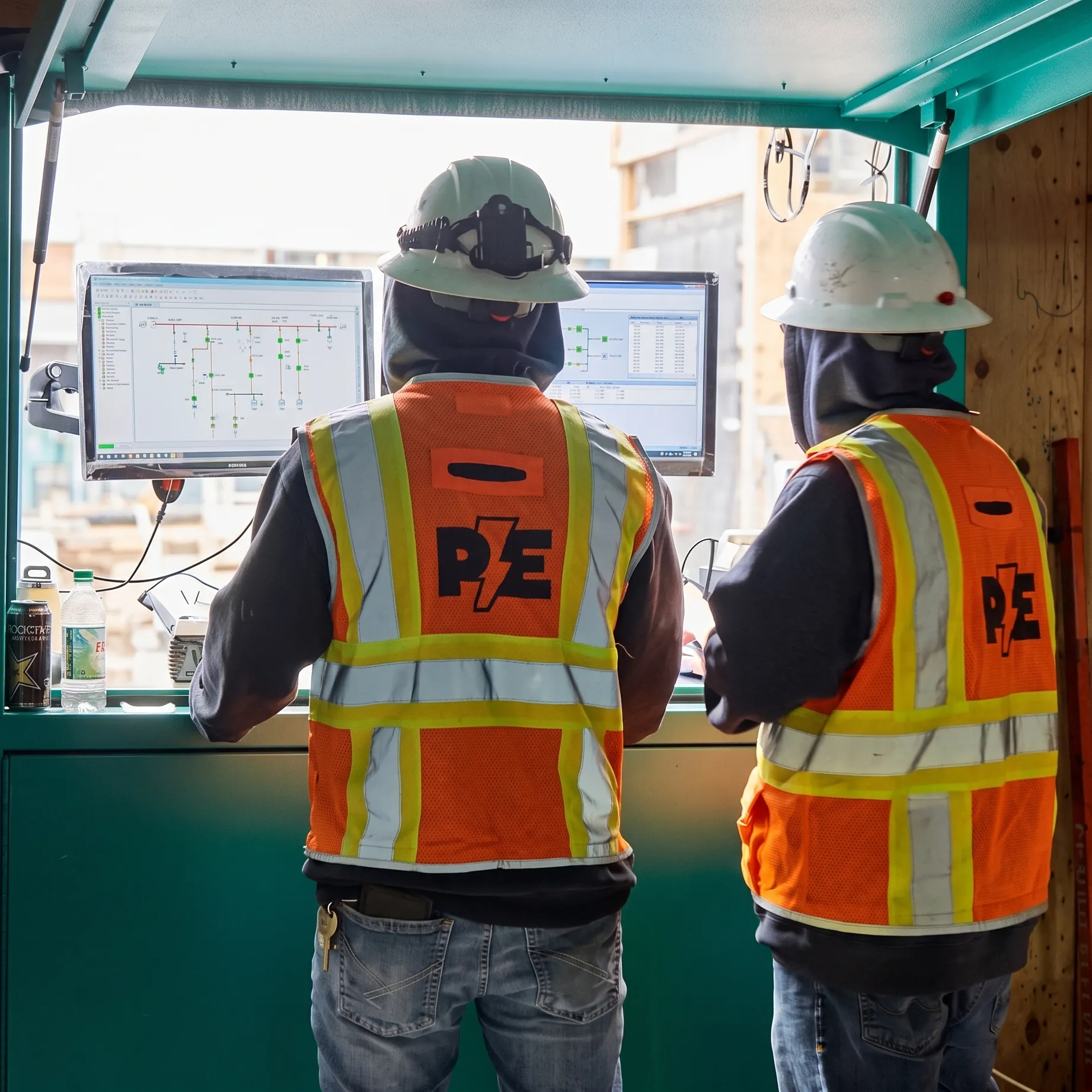 Electricians in orange vests and white helmets review wiring diagrams on monitors at a partially built site in Vancouver, WA.