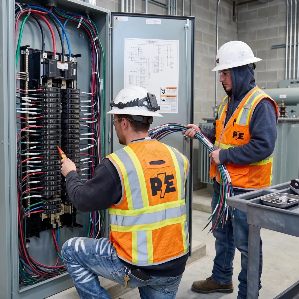 Two WA-01 Journeyman electricians in Vancouver, WA work on wiring in an open panel; one uses a tool, the other holds cables.
