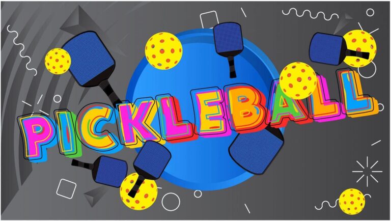 Colorful "Pickleball" text surrounded by paddles and yellow perforated balls on a dark, electrifyingly decorated background.