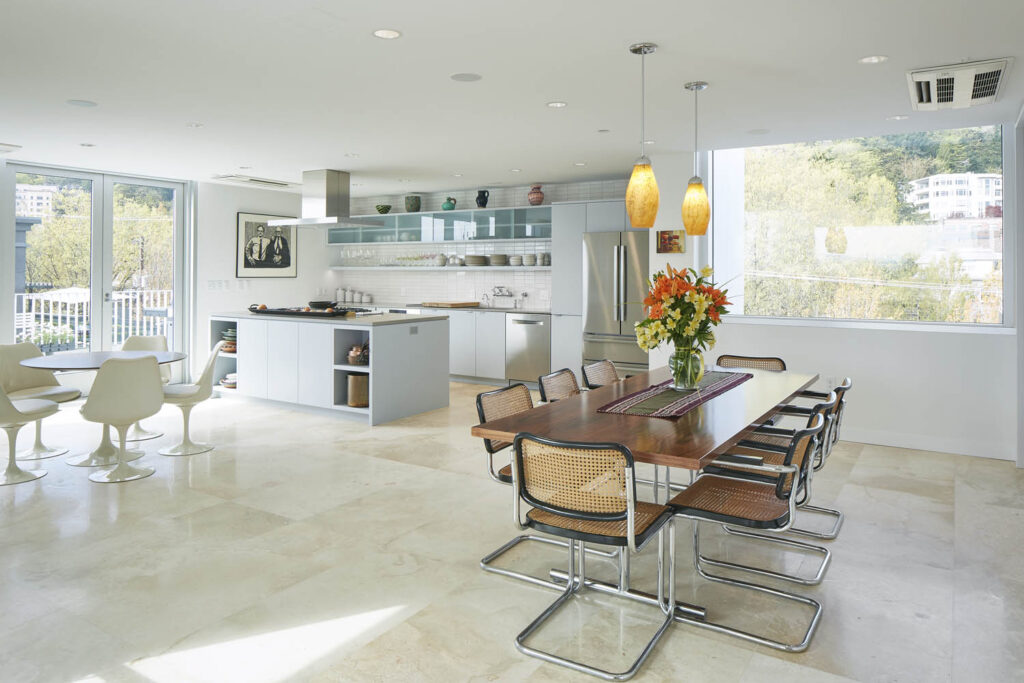 New construction and electrical in this Portland home, showing the open layout an beautiful, bright kitchen