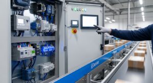 Gloved electrician operates a touch screen on an open electrical cabinet showing wiring and components in a Vancouver, WA warehouse.